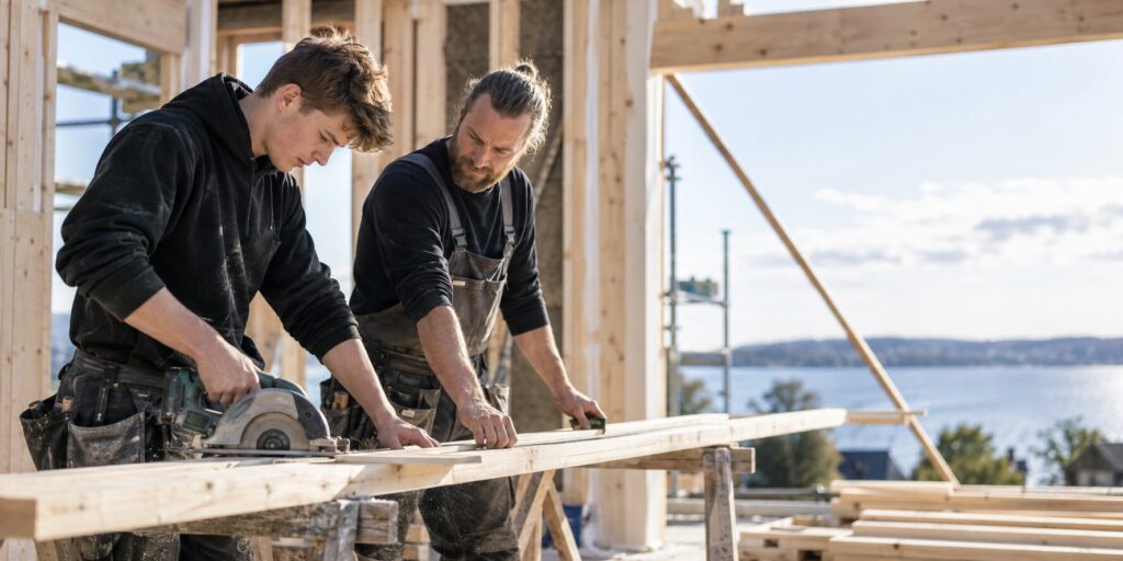 Ung tømrerlærling arbejder med rundsav sammen med erfaren tømrer på en byggeplads.