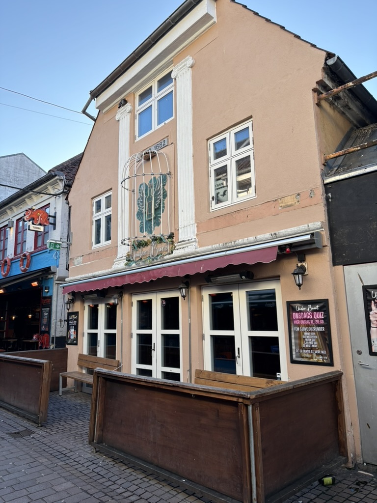 Under Buret i Jomfru Ane Gade i Aalborg med lyserød facade, grøn bladdekoration, udendørs siddepladser og indgang til baren.